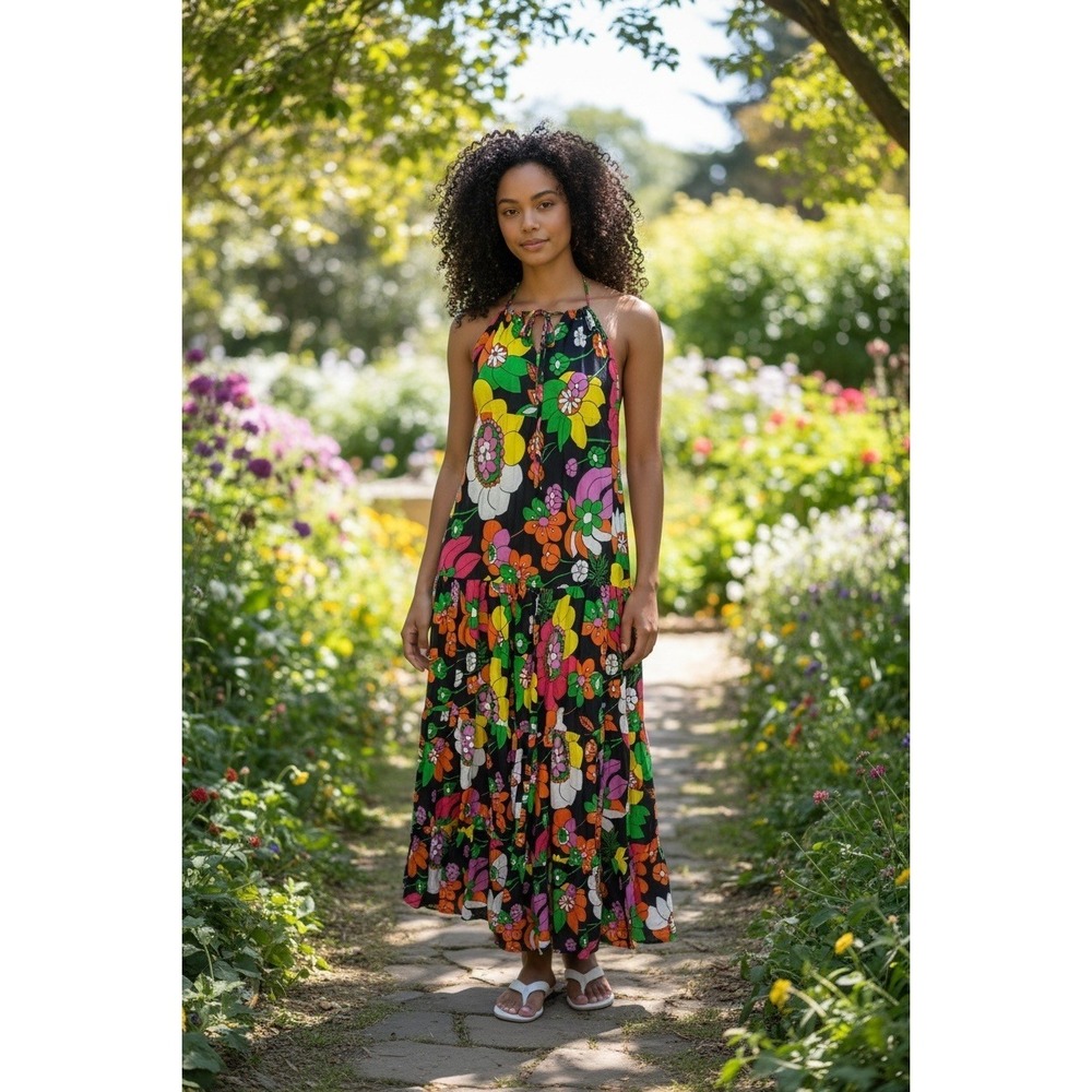 Dodo‎ Bar OR SZ SM Floral Cotton Maxi Dress 70s Retro Style Tiered Halter import